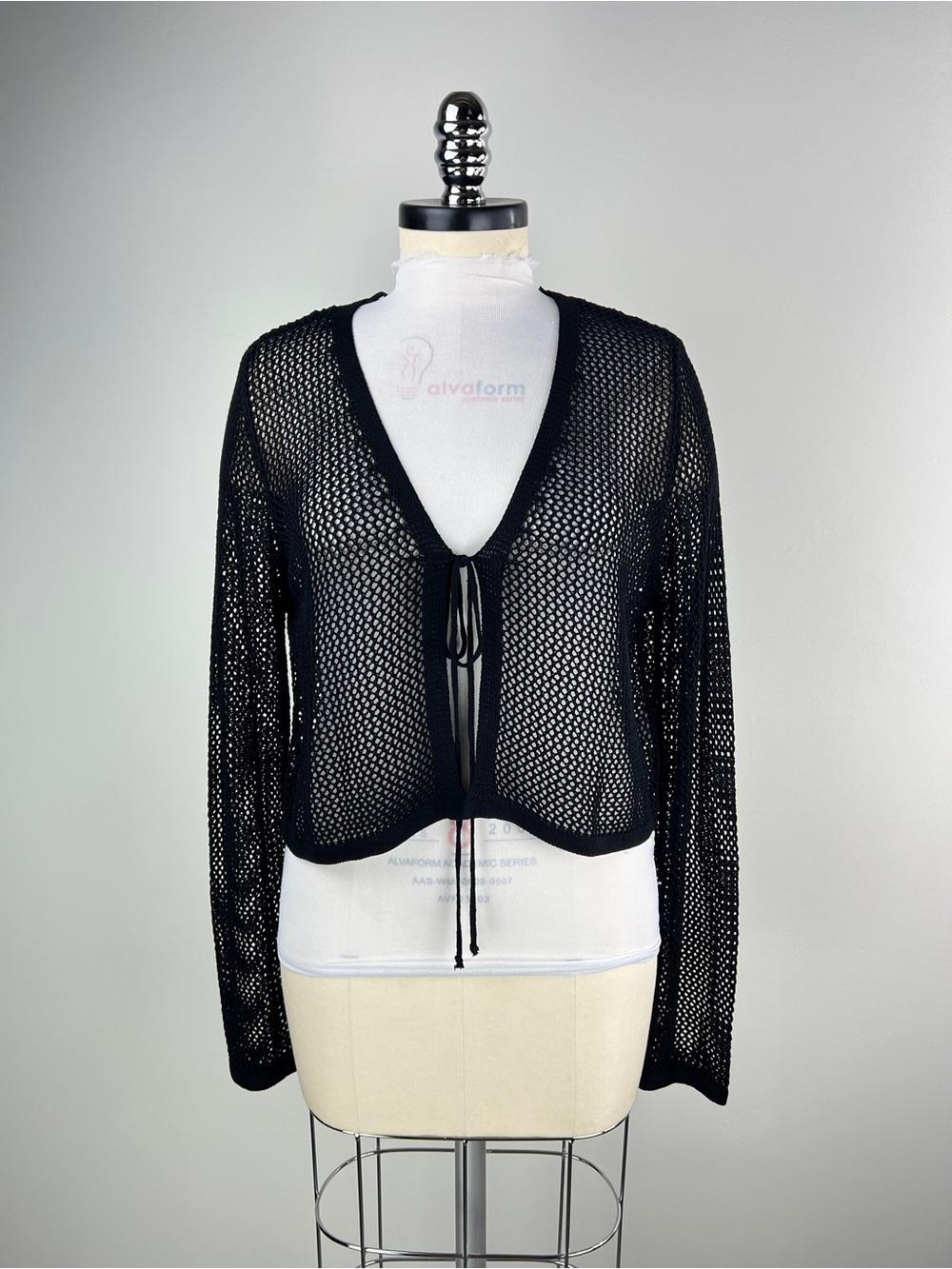 💚 3839. Black Open Knit Tie-Front Women's Cardigan